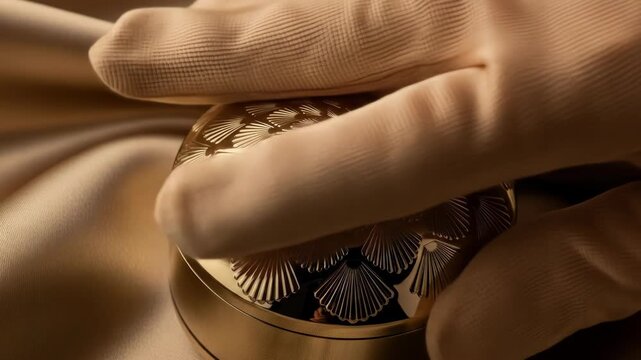 Elegant golden powder compact with sea shell pattern on satin fabric. Beauty, luxury, cosmetic powder, gold, and seashell design.