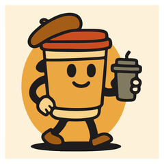 To-Go Coffee Cup Mascot with Lid and Straw Bottle — Cafe Beverage Icon Vector