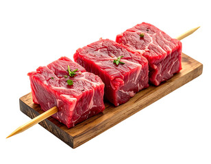Raw beef cubes on wooden skewers