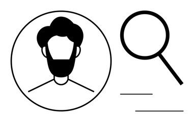 Minimalist design of a human face in a circle next to magnifying glass. Ideal for themes thumbs up user search, identity, recruitment, exploration, discovery, profile analysis, and simple flat