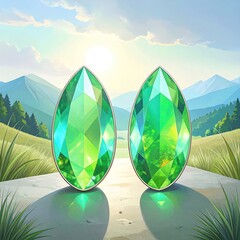 Two pear-shaped emerald gems on stone