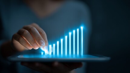 Confidently track financial growth and market trends with a glowing digital bar chart on a tablet