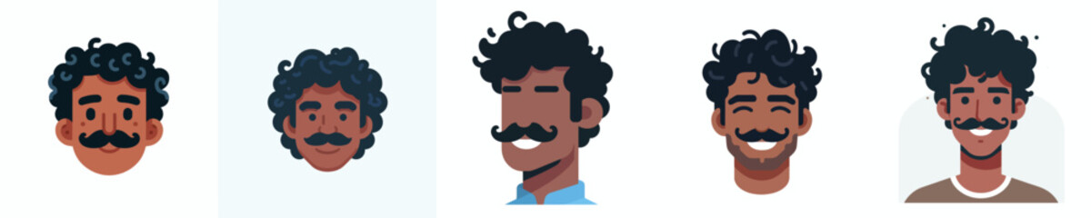 Fototapeta premium Vector Avatar of a man's face with thick curly hair, dark skin, thin mustache, smiling expression
