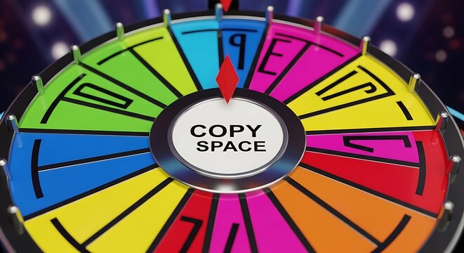 A vibrant, colorful fortune wheel with the text "copy space" displayed in a prominent position.