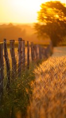 Obraz premium Golden hour illuminates wheat field next to rustic fence in countryside landscape scene