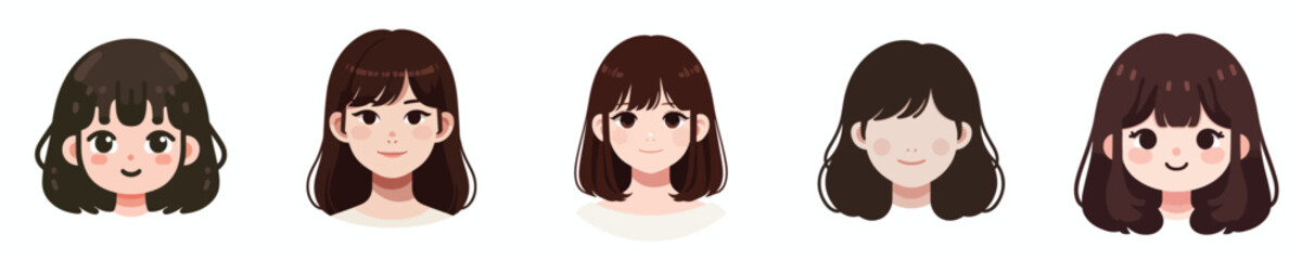 Vector Avatar of a woman's face with thick bangs, dark brown hair, white skin, sweet expression