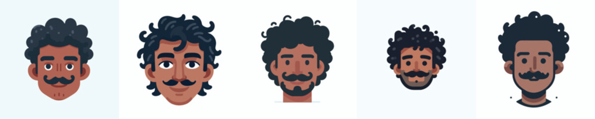 Vector Avatar of a man's face with thick curly hair, dark skin, thin mustache, smiling expression