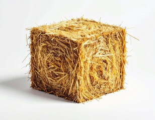 A perfectly cubic bale of golden straw sits on a white background, casting a subtle shadow