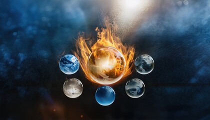 Exploring the five elements of nature represented through fire, water, air, earth, and space in an artistic visualization of creation and natural forces