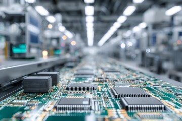 High-Tech Industrial Production Line with Circuit Boards and Microchips in Modern Electronics Manufacturing Facility