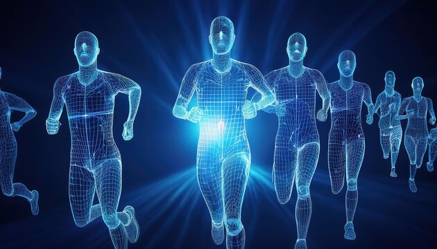 Runners crossing the finish line in a firefly marathon with a blue background showcasing determination and speed - Powered by Adobe