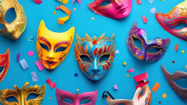 Brightly Colored Carnival Masks and Confetti on a Vibrant Blue Background, Festive Celebration and Party Theme
