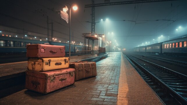 Vintage suitcases on a foggy train station platform at night - Powered by Adobe
