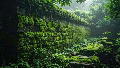 Obraz premium Moss-covered stone wall in lush jungle