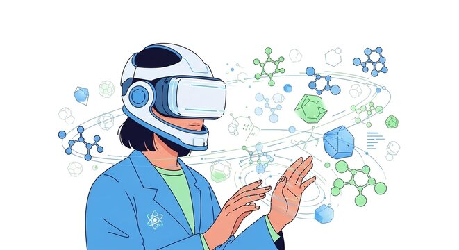 Scientist in VR headset exploring molecular structures in an immersive digital environment.