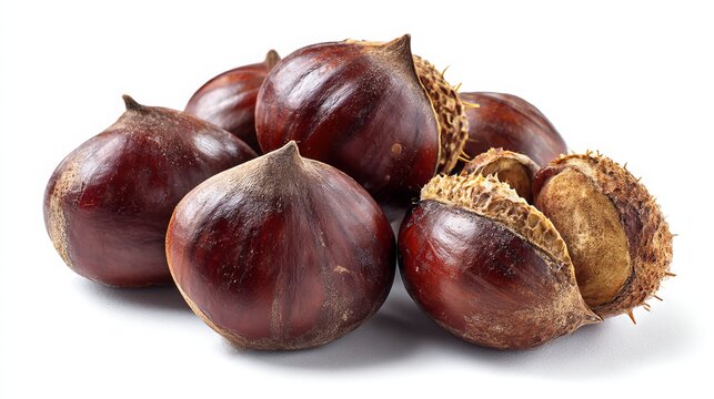 Chestnuts, close-up, against a white backdrop.  Clipping path included.
 
