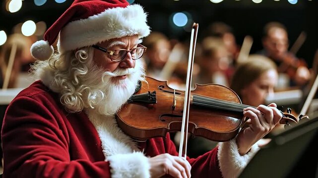 A man dressed as Santa Claus playing a violin in front of an orchestra
