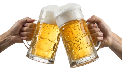Two hands toasting with beer mugs isolated on a white background
