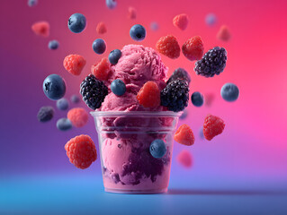 Mixed berry ice cream in a transparent cup raspbe