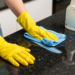 Hands in bright yellow gloves carefully clean a dark granite countertop with a light blue cleaning cloth.