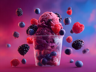 Mixed berry ice cream in a transparent cup raspbe