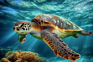 Fototapeta premium Detailed artwork of a sea turtle swimming through vibrant underwater scenery.