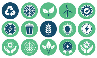 Collection of green and blue eco friendly sustainability icons in oval shapes