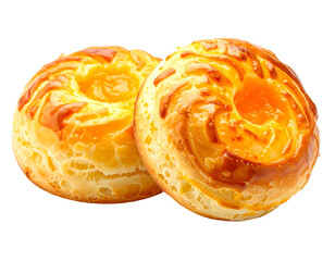 Two golden, glazed doughnuts with orange filling