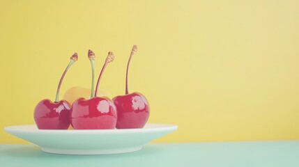 Four cherries on a plate