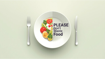 Photorealistic Plate of Food with Colorful Vegetables and “Please Don’t Waste Food” Sign – Minimalist Still Life, Food Waste Awareness