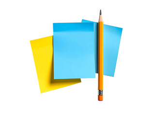 Two sticky notes, light-blue and yellow, and a pencil