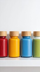 Four colorful glass jars with wooden lids sit on a white shelf against a white background, showcasing vibrant red, yellow, blue, and green hues