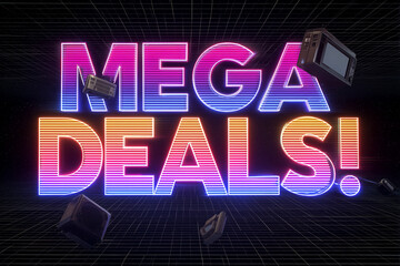 Bright neon mega deals sign with glitch effect and floating gaming accessories