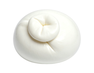 Round ball of white cheese, top view, tied in a knot