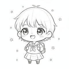 chibi style little boy in school uniform, big head, cute round eyes, wide smile, tiny body proportions, thin black pencil lines, simple doodle