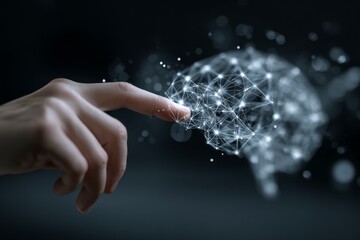 Hand Pointing at Digital Representation of Artificial Intelligence Concept with Neural Network Connections and Data Visualization Elements