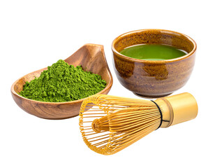 Matcha powder, cup, and whisk