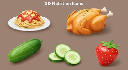 3D Nutrition Icons: Spaghetti, Chicken, Cucumber, and Strawberry.