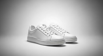 A pair of pristine white leather sneakers positioned on a bright white background, showcasing clean lines and simple design elements.