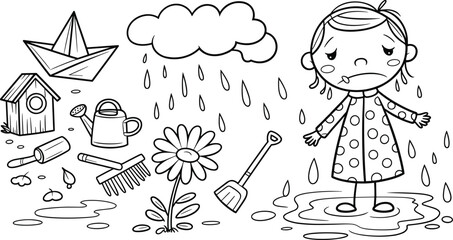 Obraz premium Sad girl in rain with gardening tools and a paper boat crying upset