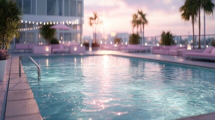 Fototapeta premium Rooftop Swimming Pool at Sunset with Pink Lounge Furniture and Palm Trees Cinematic HDR Scene
