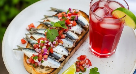 A delicious appetizer of grilled anchovies on toasted bread, garnished with vibrant pico de gallo, alongside a refreshing ruby-red beverage.