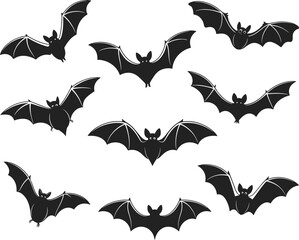 Bat silhouette icon set, cartoon-style black vector, Halloween theme, flying bats illustration, spooky design, nocturnal animal symbols, gothic artwork, white background