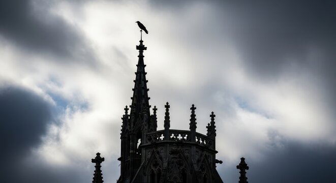 Silhouette of a bird perched atop a gothic cathedral spire against a stormy sky