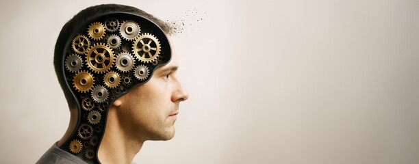 Human head with mechanical gears inside showing artificial intelligence concept on clean light background with copy space for science or tech design mockup.