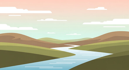 Minimal River Landscape Illustration with Flowing Water