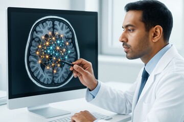 Scientist analyzing neural network connections on brain scan image displayed on monitor in modern laboratory setting with soft light background. Ai generative