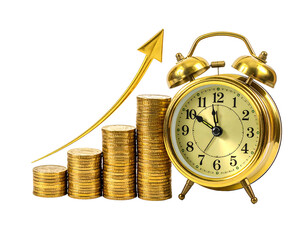 Gold coins stacked in a graph ascending, next to a gold alarm clock