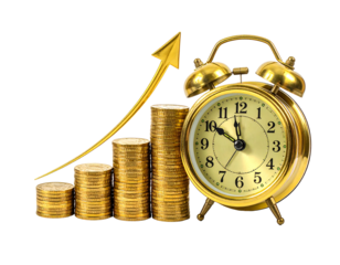 Gold coins stacked in a graph ascending, next to a gold alarm clock