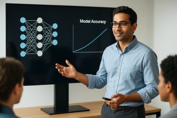 Confident professional explaining neural network model accuracy to team during presentation in modern office with light background setting. Ai generative